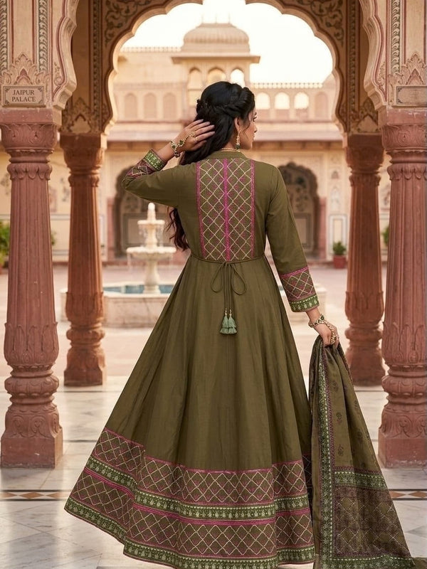 Heritage Print Flared Anarkali Kurta Set with Dupatta