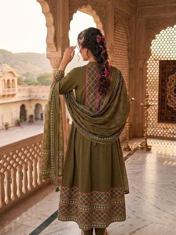 Heritage Print Flared Anarkali Kurta Set with Dupatta