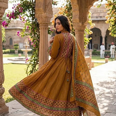 Heritage Print Flared Anarkali Kurta Set with Dupatta