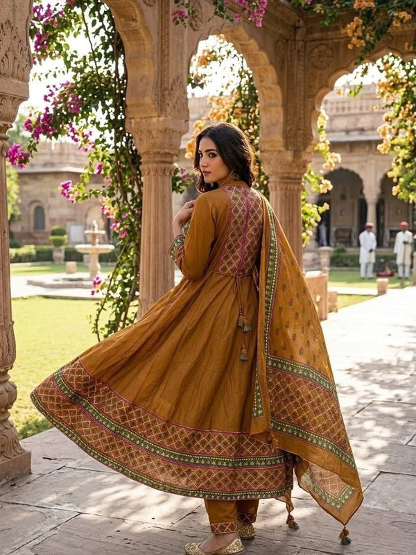 Heritage Print Flared Anarkali Kurta Set with Dupatta