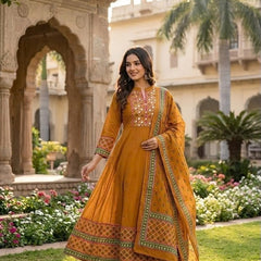 Heritage Print Flared Anarkali Kurta Set with Dupatta