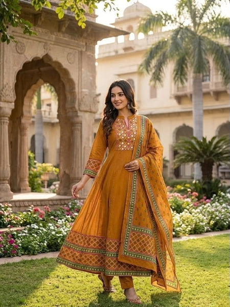 Heritage Print Flared Anarkali Kurta Set with Dupatta