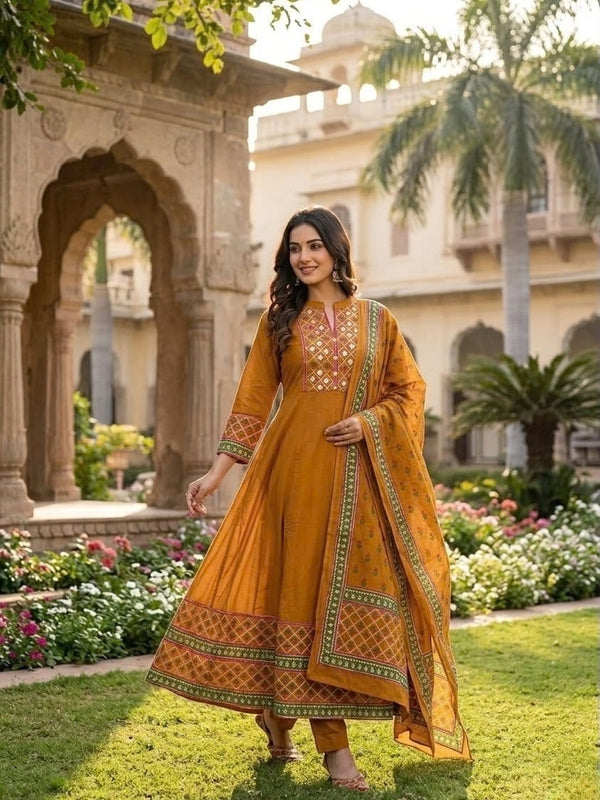 Heritage Print Flared Anarkali Kurta Set with Dupatta