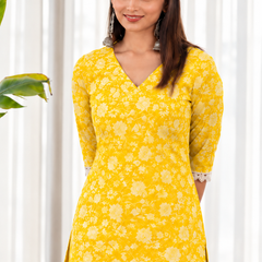 Women's Yellow Floral Printed Kurti with Lace-Trimmed Sleeves