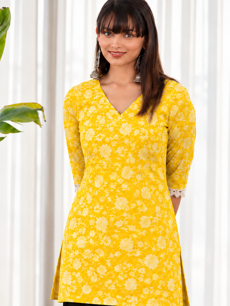 Women's Yellow Floral Printed Kurti with Lace-Trimmed Sleeves