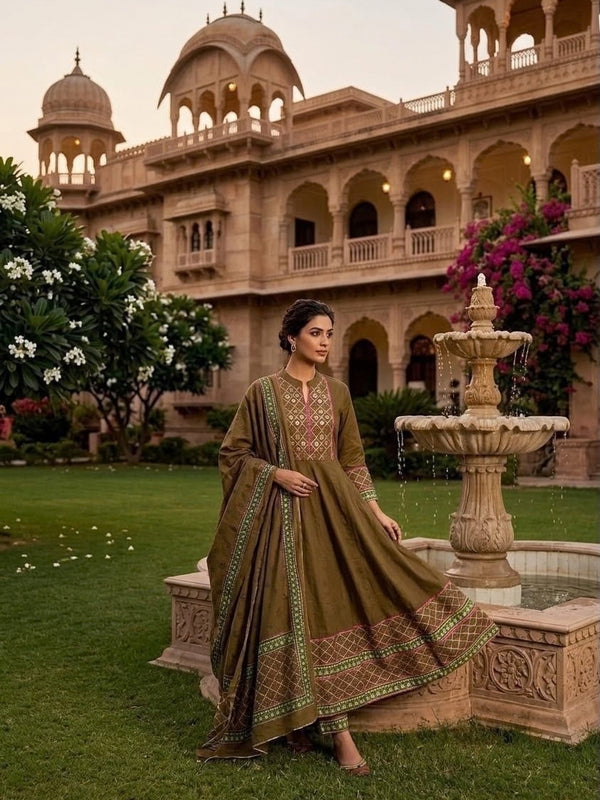Heritage Print Flared Anarkali Kurta Set with Dupatta