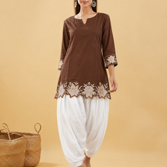 Women's Embroidered Cotton Kurta with Off-White Farshi Salwar Set