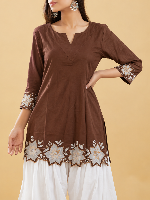 Women's Embroidered Cotton Kurta with Off-White Farshi Salwar Set