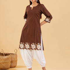 Women's Embroidered Cotton Kurta with Off-White Farshi Salwar Set