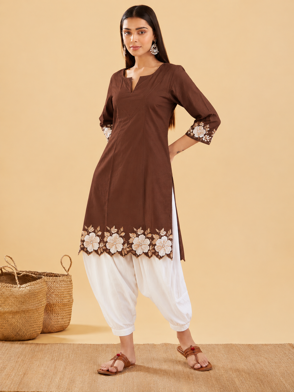 Women's Embroidered Cotton Kurta with Off-White Farshi Salwar Set