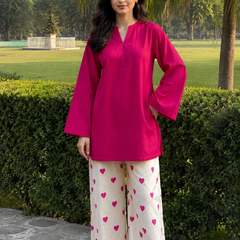 Fuchsia Pink Kurta & Heart Print Wide-Leg Pants Co-ord Set