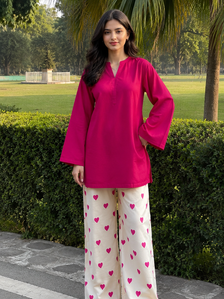 Fuchsia Pink Kurta & Heart Print Wide-Leg Pants Co-ord Set