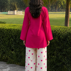 Fuchsia Pink Kurta & Heart Print Wide-Leg Pants Co-ord Set