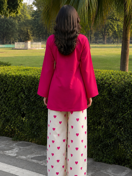 Fuchsia Pink Kurta & Heart Print Wide-Leg Pants Co-ord Set