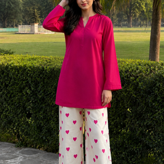 Fuchsia Pink Kurta & Heart Print Wide-Leg Pants Co-ord Set