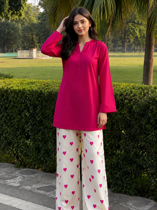 Fuchsia Pink Kurta & Heart Print Wide-Leg Pants Co-ord Set