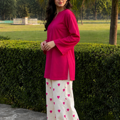 Fuchsia Pink Kurta & Heart Print Wide-Leg Pants Co-ord Set
