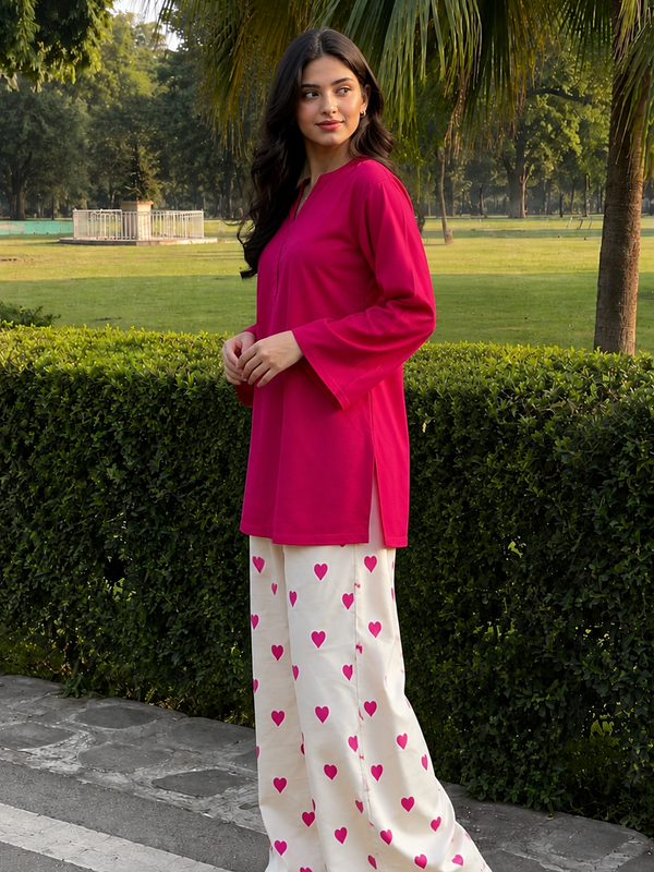 Fuchsia Pink Kurta & Heart Print Wide-Leg Pants Co-ord Set