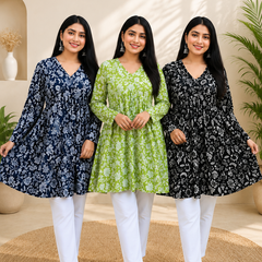 Women's Combo Pack of 3 Cotton Floral Printed Short Kurtis | Navy Blue, Green & Black