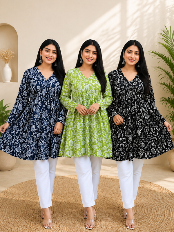 Women's Combo Pack of 3 Cotton Floral Printed Short Kurtis | Navy Blue, Green & Black