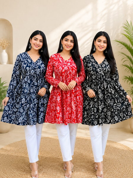 Women's 3-Pack Floral Printed Cotton Short Kurti Combo