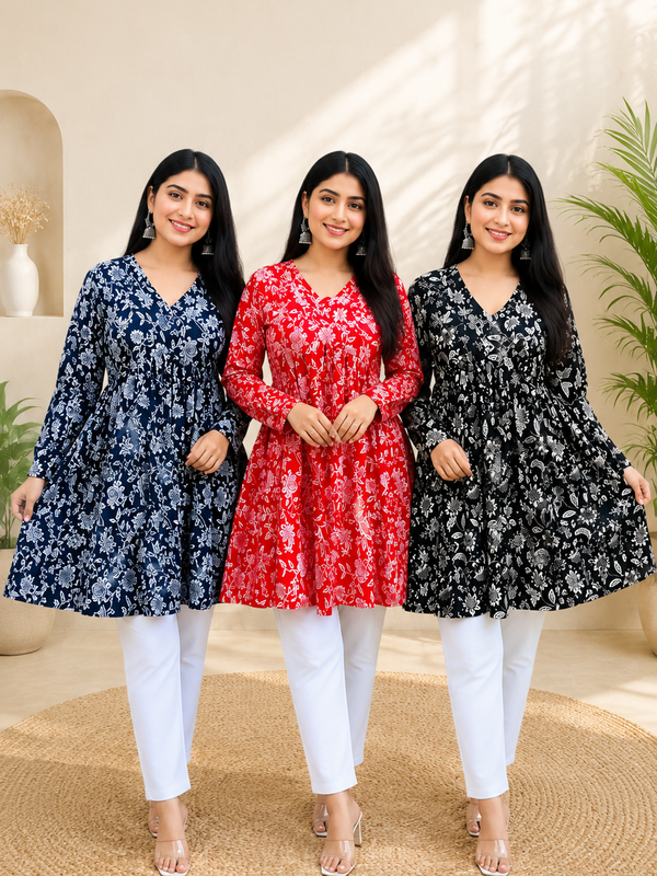 Women's 3-Pack Floral Printed Cotton Short Kurti Combo