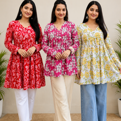 Women's Combo Pack of 3 Floral Printed Cotton Short Kurtis | V-Neck Casual Ethnic Wear