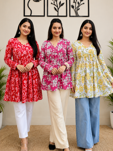 Women's Combo Pack of 3 Floral Printed Cotton Short Kurtis | V-Neck Casual Ethnic Wear