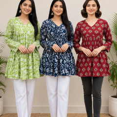 Women's Combo Pack of 3 Cotton Printed Short Kurtis | Green, Navy Blue & Maroon Ethnic Tops
