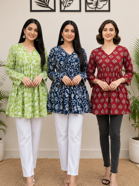 Women's Combo Pack of 3 Cotton Printed Short Kurtis | Green, Navy Blue & Maroon Ethnic Tops