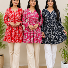 Women's Printed Cotton Kurti 3-Piece Combo