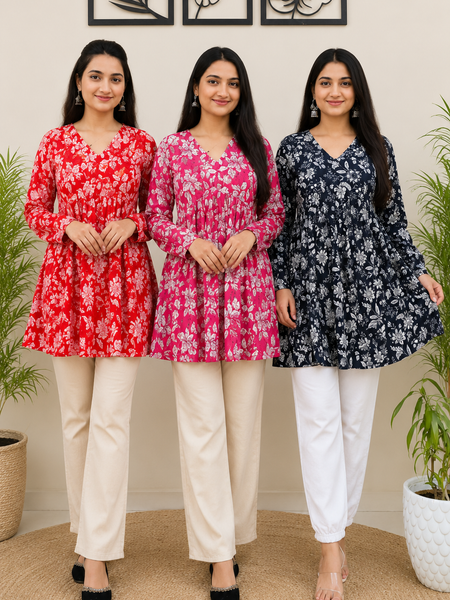 Women's Printed Cotton Kurti 3-Piece Combo
