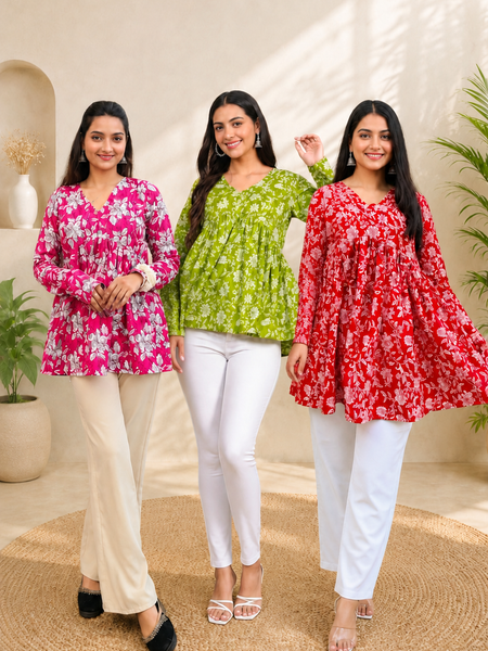 Women's Cotton Floral Printed Kurti Pack of 3 | Casual Daily Wear