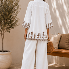 Women's White Embroidered Co-Ord Set | Cotton Shirt & Wide-Leg Pants