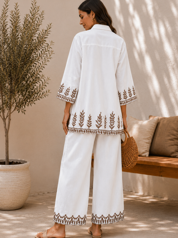 Women's White Embroidered Co-Ord Set | Cotton Shirt & Wide-Leg Pants