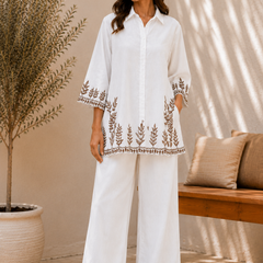 Women's White Embroidered Co-Ord Set | Cotton Shirt & Wide-Leg Pants