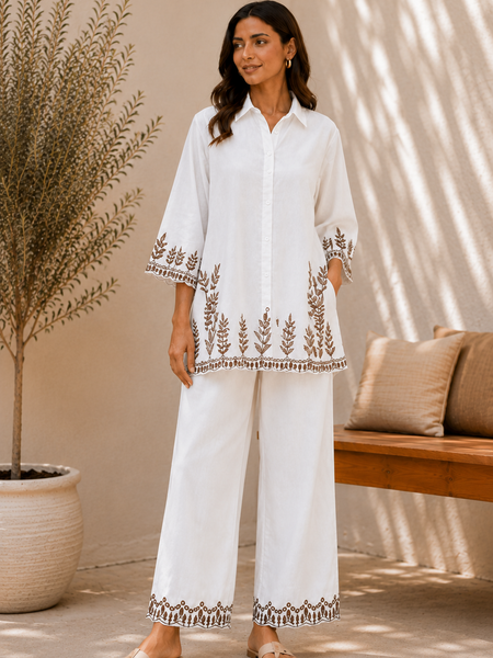 Women's White Embroidered Co-Ord Set | Cotton Shirt & Wide-Leg Pants