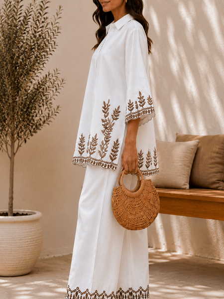 Women's White Embroidered Co-Ord Set | Cotton Shirt & Wide-Leg Pants