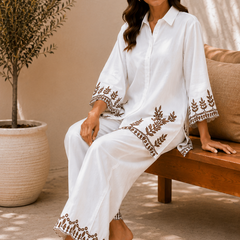 Women's White Embroidered Co-Ord Set | Cotton Shirt & Wide-Leg Pants