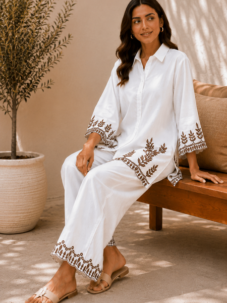 Women's White Embroidered Co-Ord Set | Cotton Shirt & Wide-Leg Pants