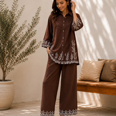 Women's Brown Embroidered Co-Ord Set | Shirt Collar Top with Wide-Leg Pants