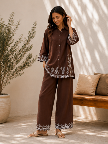 Women's Brown Embroidered Co-Ord Set | Shirt Collar Top with Wide-Leg Pants
