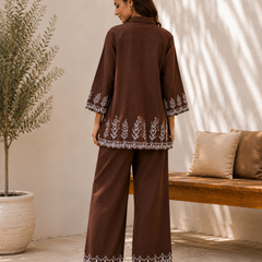 Women's Brown Embroidered Co-Ord Set | Shirt Collar Top with Wide-Leg Pants