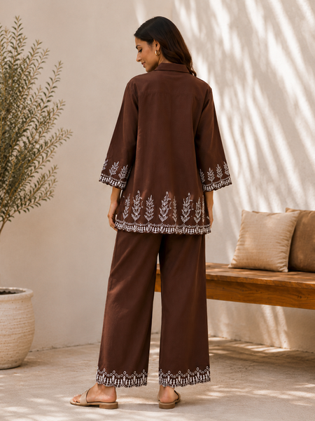 Women's Brown Embroidered Co-Ord Set | Shirt Collar Top with Wide-Leg Pants