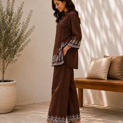 Women's Brown Embroidered Co-Ord Set | Shirt Collar Top with Wide-Leg Pants