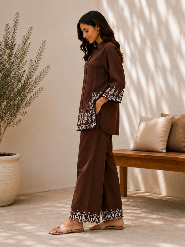 Women's Brown Embroidered Co-Ord Set | Shirt Collar Top with Wide-Leg Pants