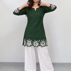 Women's Embroidered Cotton Kurta with Off-White Farshi Salwar Set