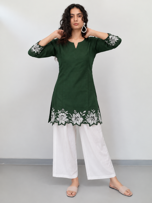 Women's Embroidered Cotton Kurta with Off-White Farshi Salwar Set