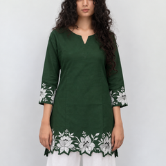 Women's Embroidered Cotton Kurta with Off-White Farshi Salwar Set
