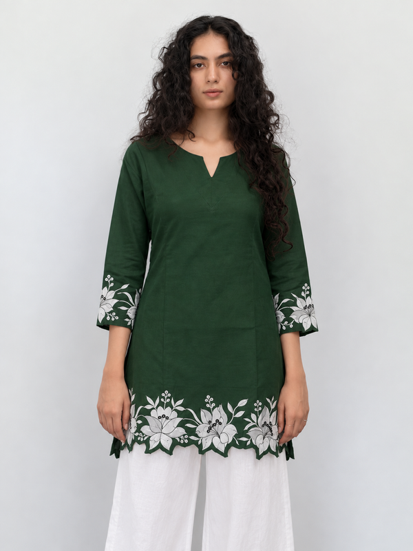 Women's Embroidered Cotton Kurta with Off-White Farshi Salwar Set